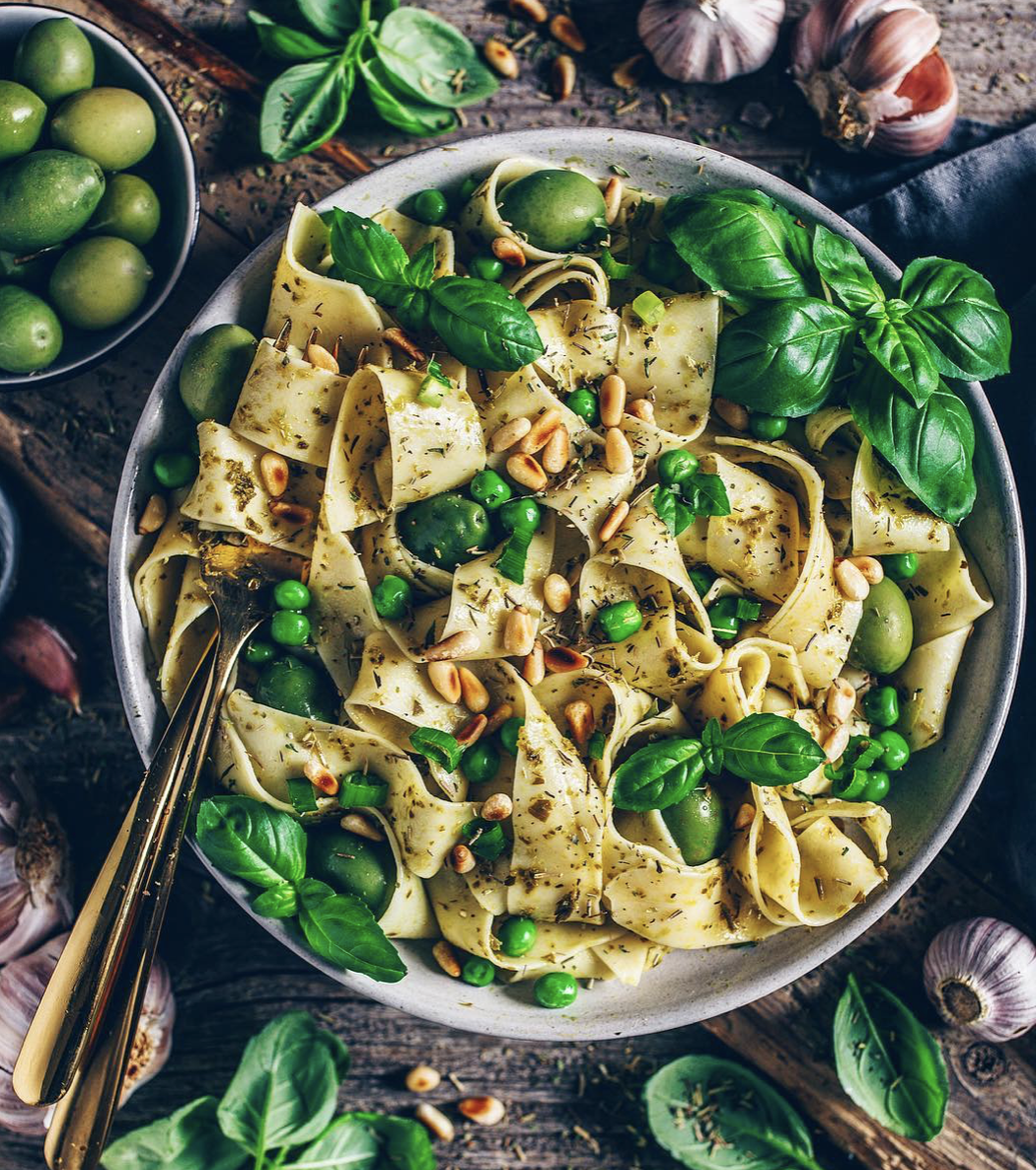 red wine pasta with pine nuts, feta, and parsley