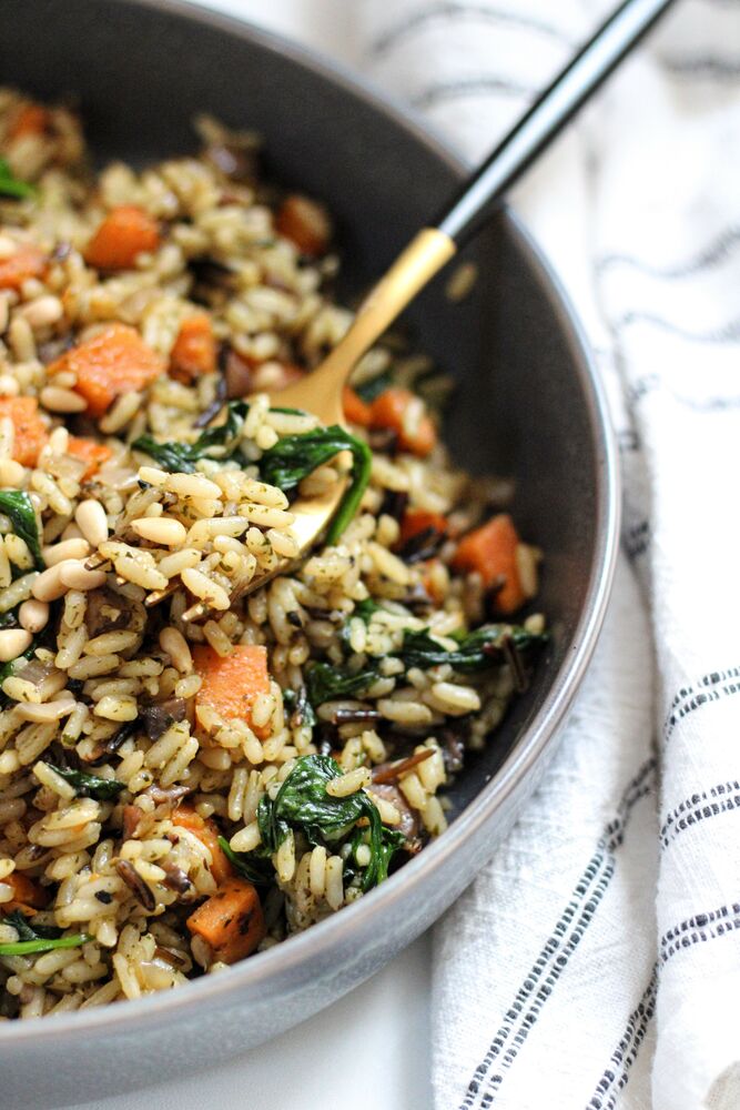 Wild Rice With Sweet Potatoes Shallots Spinach Mushrooms Recipe