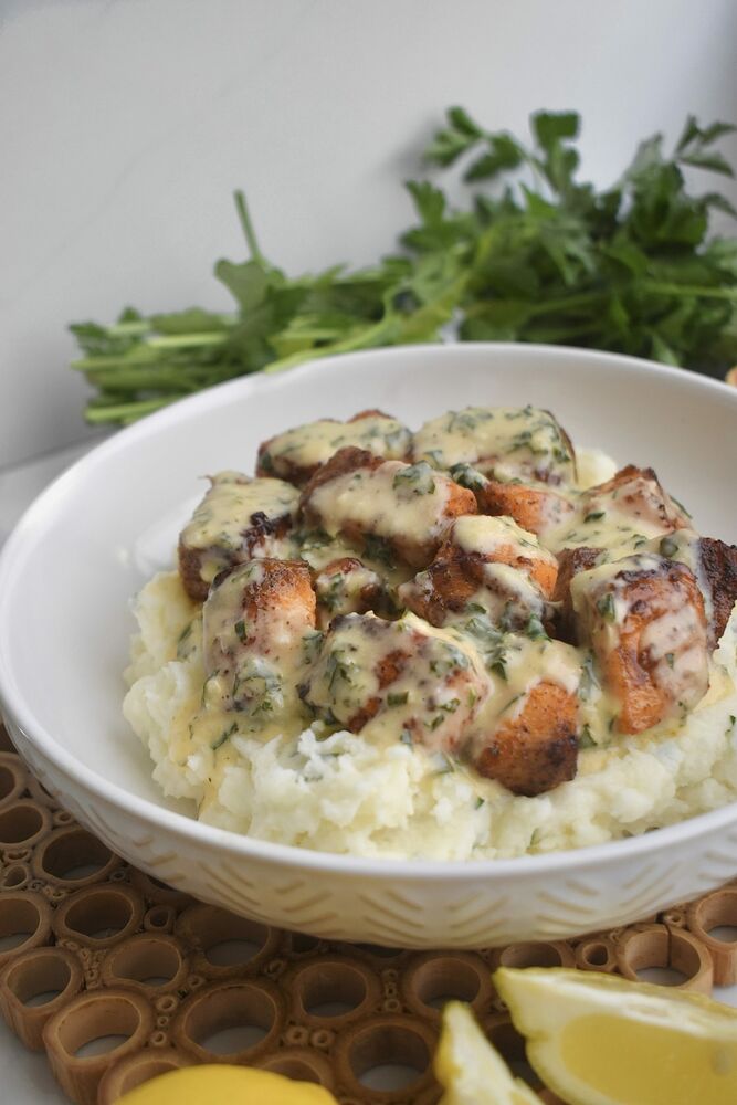 Easy Airfryer Salmon Bites With Garlic Cream Sauce Recipe The Feedfeed