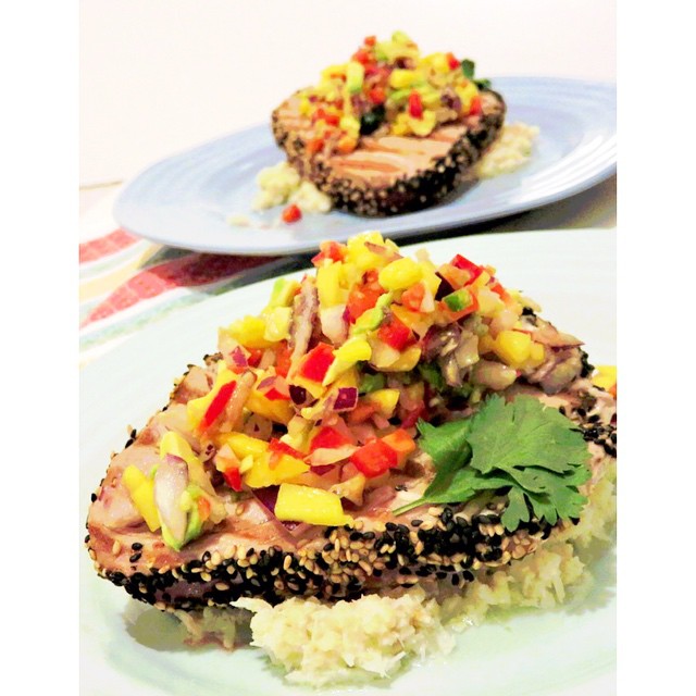 Seared Sesame Tuna With Mango Salsa And Coconut Cauli Rice By