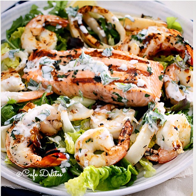 Bbq Seafood Salad With Garlic Greek Yogurt Dressing by cafedelites