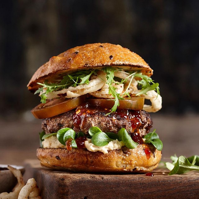 Burger With Hummus, Sweet Chili Jam & Tomatoes by janeecollins Quick