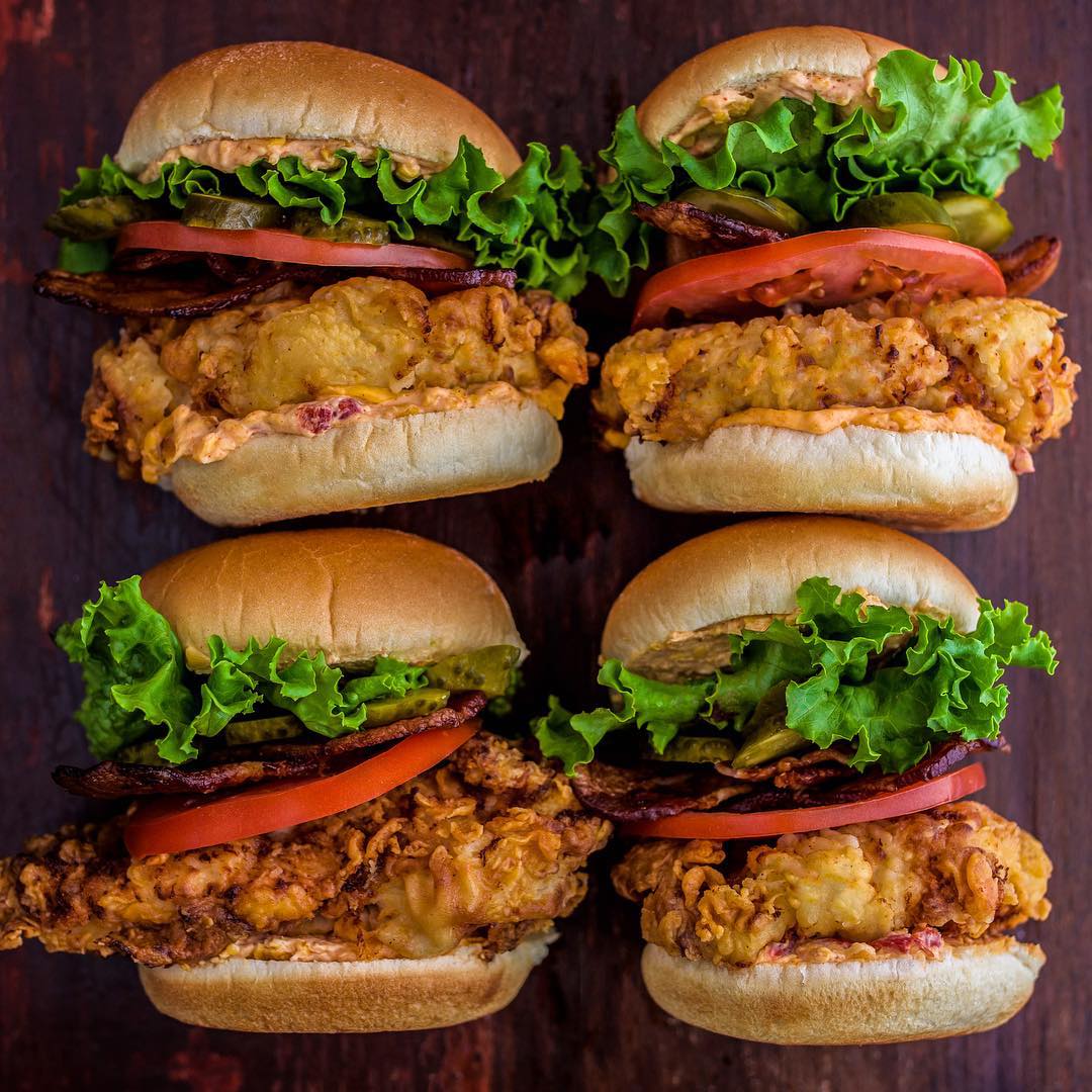 Buttermilk Fried Chicken Burgers With Spicy Pimento Cheese & Maple