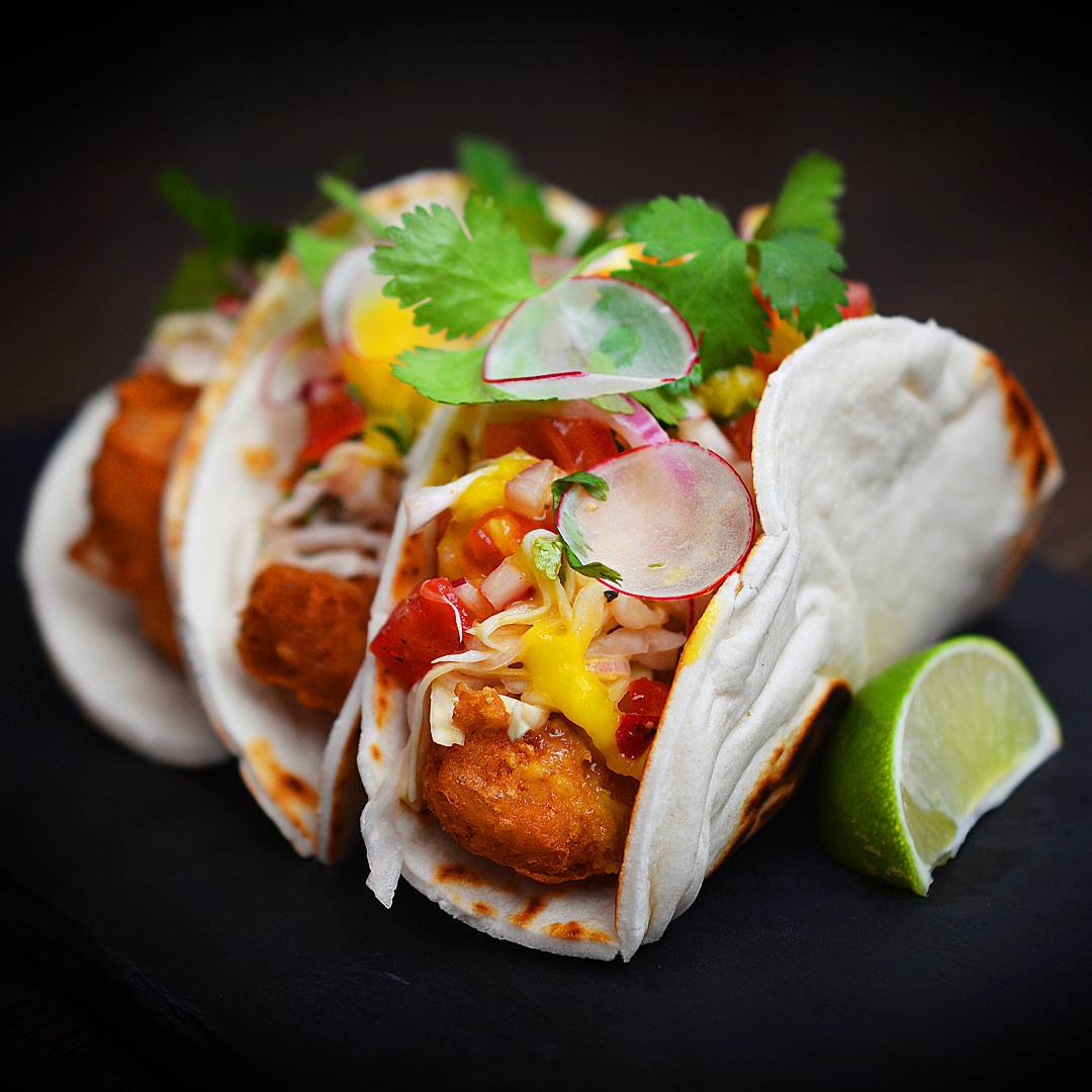 Crunchy Fish Tacos With Tomato-radish Salsa, Cabbage Slaw And Mango