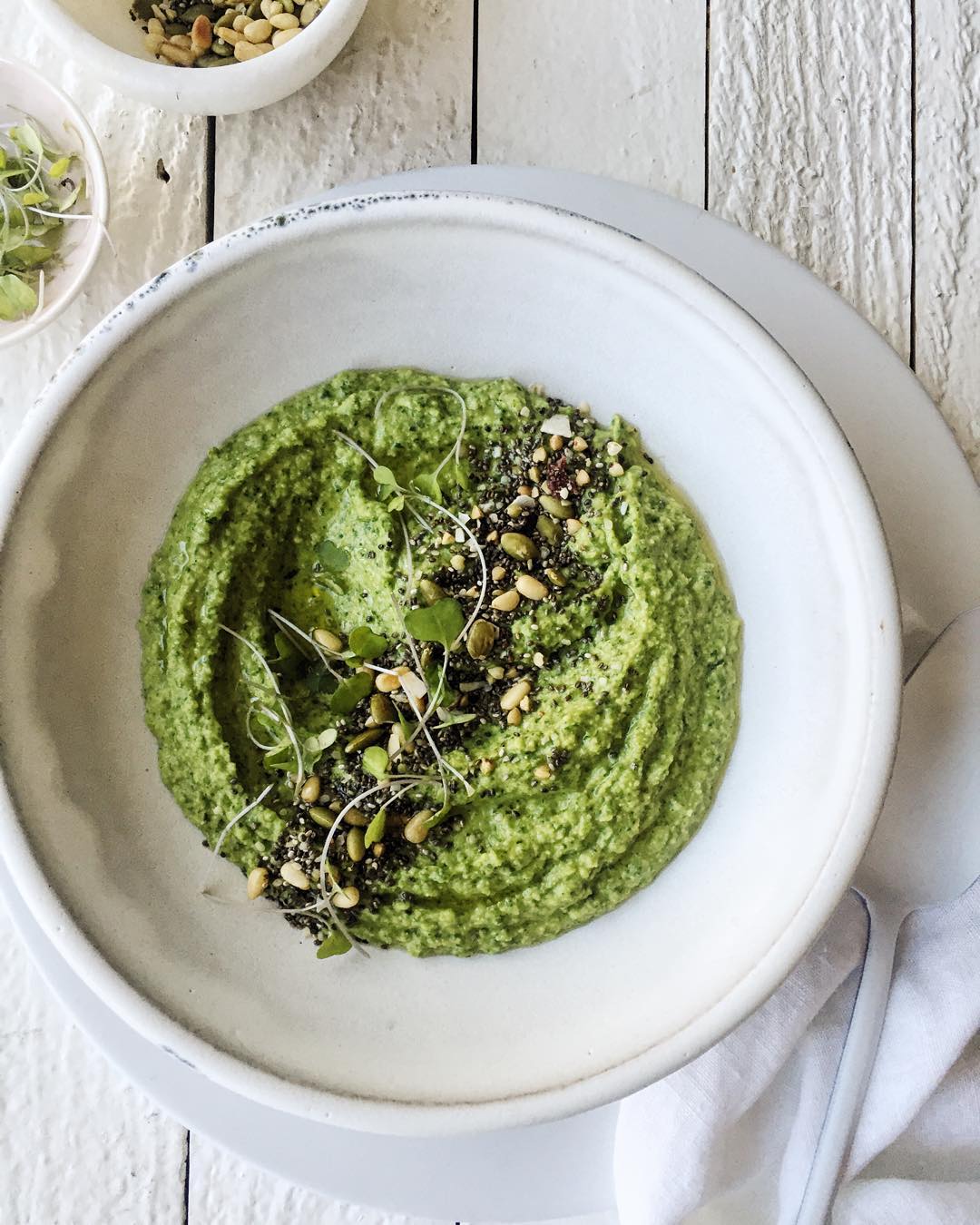 Lemon And Spinach Hummus With Pine Nuts And Chia Seeds recipe by tami h