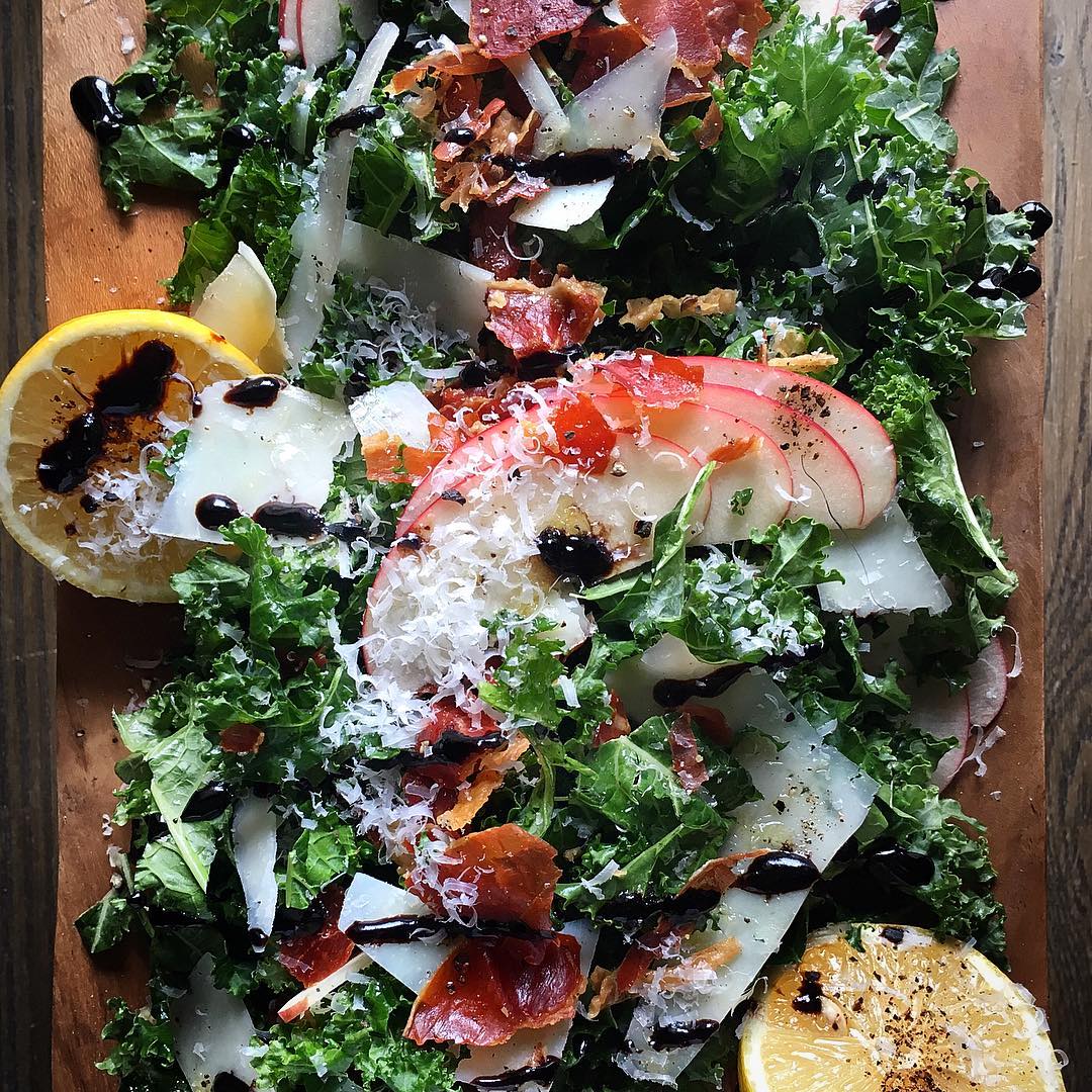 Kale Salad With Crispy Prosciutto, Pecorino, Apple And Balsamic Crema by judy.kim Quick & Easy