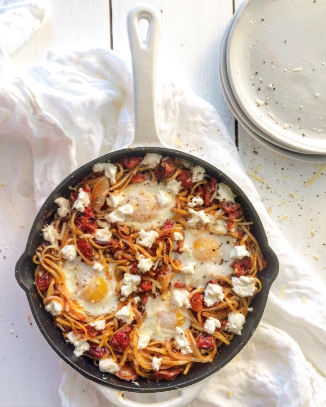 Skillet Spaghetti And Eggs With Fire Roasted Tomato Butter Sauce by