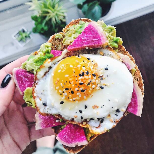 Dill cream cheese and slice avocado toast with a poached egg￼ - bon abbetit