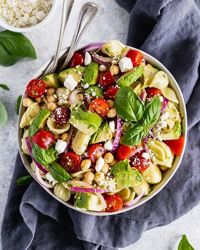 Mediterranean Avocado Chickpea Pasta Salad with Lemon Basil Vinaigrette