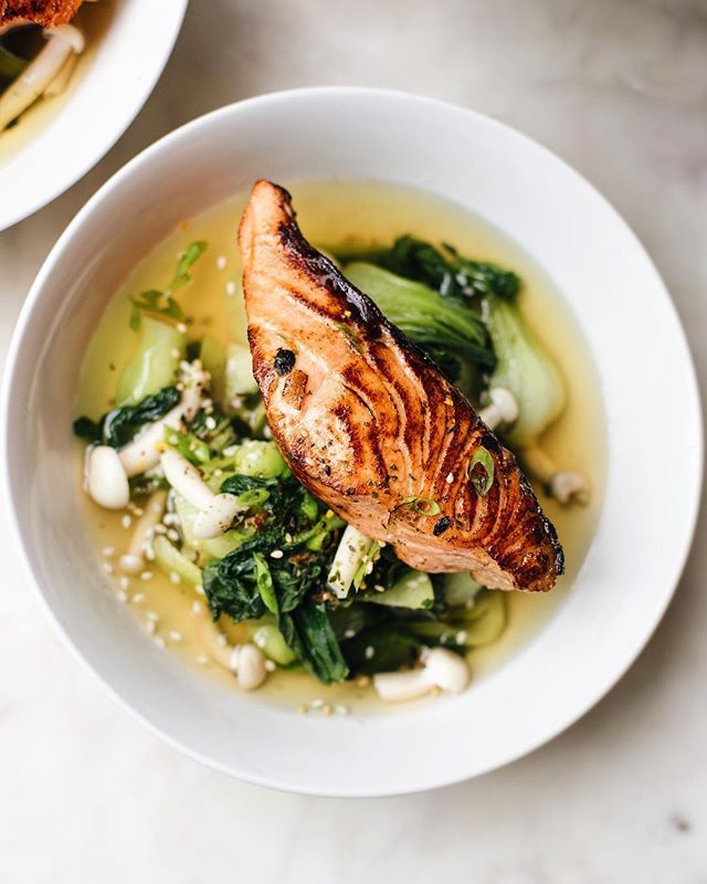 Seared Salmon with Sautéed Bok Choy and Green Tea Broth Recipe The