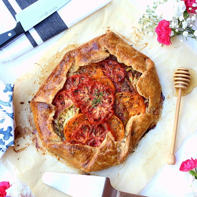 Tomato & Honey Goat Cheese Galette With Shallots, Thyme & Black
