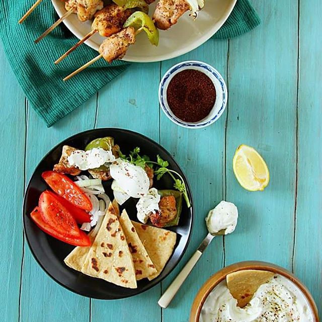 Mediterranean Chicken Kebab Platter With Feta And Greek Yogurt Dip