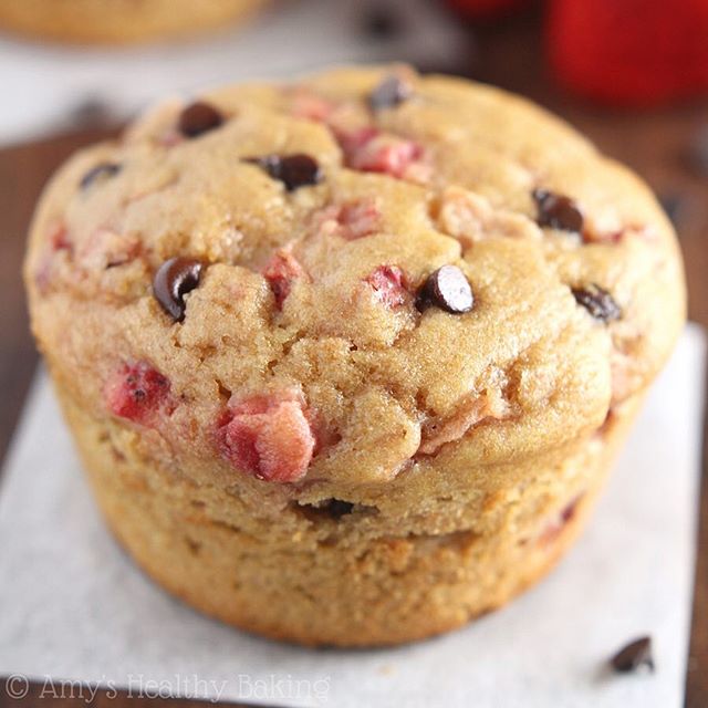 Whole Wheat Strawberry Chocolate Chip Muffins recipe by Amy The Feedfeed