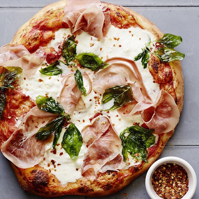 Proscuitto & Cheese Pizza With Basil & Red Pepper Flakes recipe by Gaby