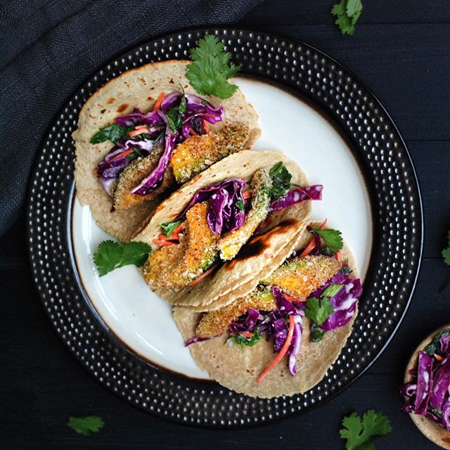 Panko Crusted Avocado Tacos With Cilantrolime Slaw by kaleyeahitsvegan
