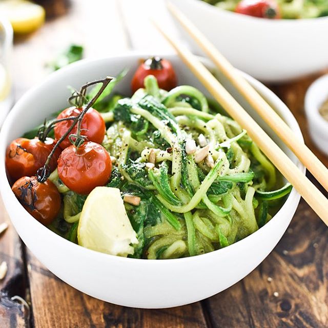 Avocado Pesto Zucchini Noodles With Tomatoes, Spinach & Basil Recipe