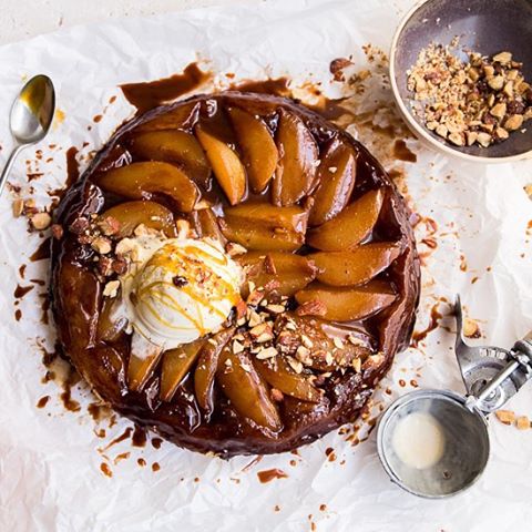 Pear Chocolate Malt Tarte Tatin With Vanilla Ice Cream Honey Roasted Almonds Recipe By Deborah Rainford Thompson The Feedfeed