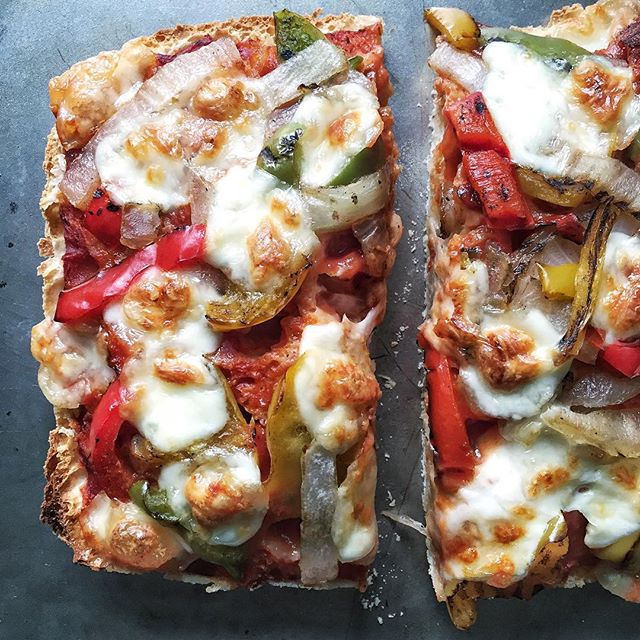 Ciabatta Bread Pizza With Roasted Red Peppers, Onions And Mozzarella ...