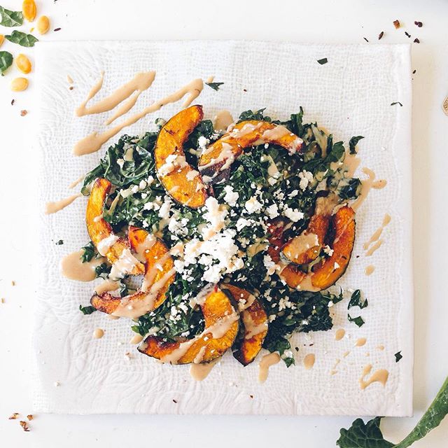 Kale And Roasted Kabocha Squash Salad With Tahini And Feta Recipe The