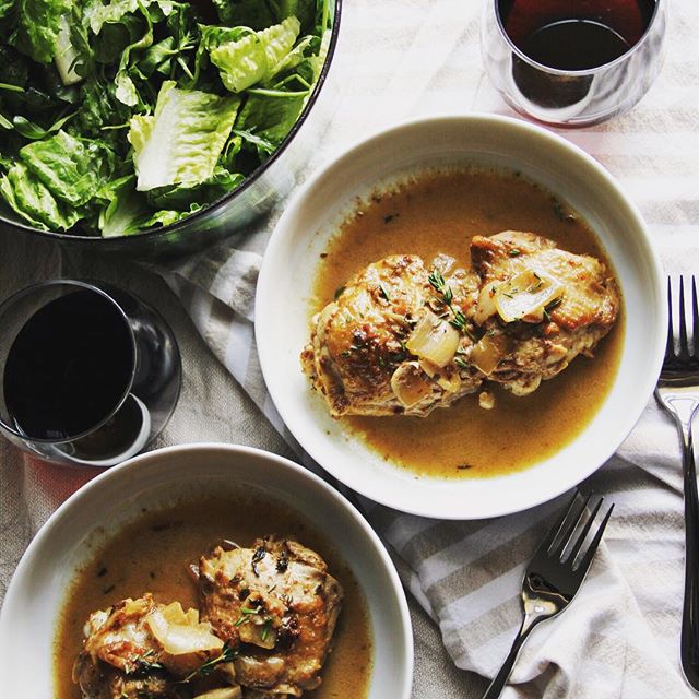 Dijon & White Wine Braised Chicken Thighs With Bacon, Thyme & Cream