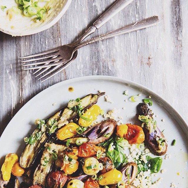 Miso Butter Glaze On Grilled Eggplant, Roasted Tomatoes & Scallion by
