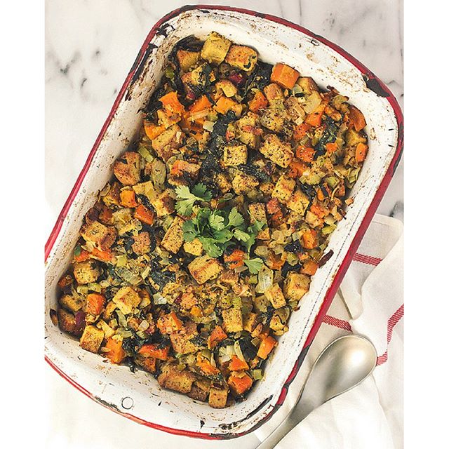 Roasted Butternut Squash, Apple And Leek Bread Stuffing With Collard