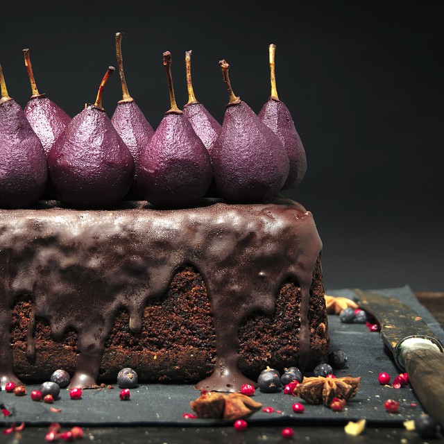 Spiced Hazelnut Cake With Poached Red Wine Pears And Chocolate Glaze