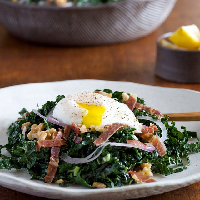 Walnut Kale Salad With Prosciutto, Red Onion & Poached Egg Recipe The Feedfeed