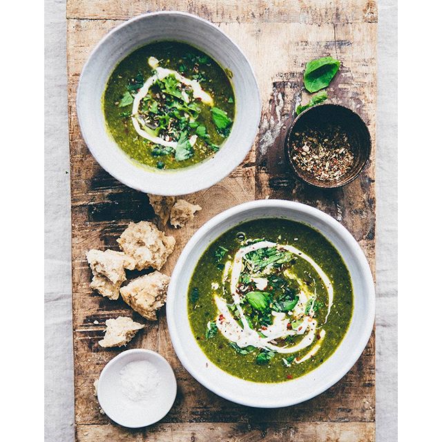 Very Green Soup With Spinach, Peas, Basil, & A Lemony Cashew Mustard
