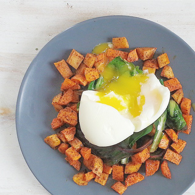 Cinnamon & Chile Roasted Sweet Potatoes, Sauteed Greens, & Soft Boiled Egg by sheilahiggins