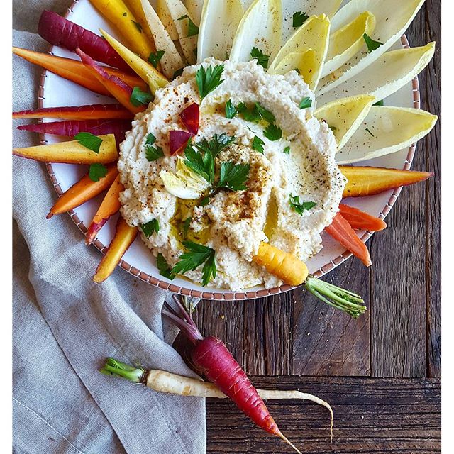 Cauliflower Cumin Dip With Endive And Rainbow Carrot Dippers by