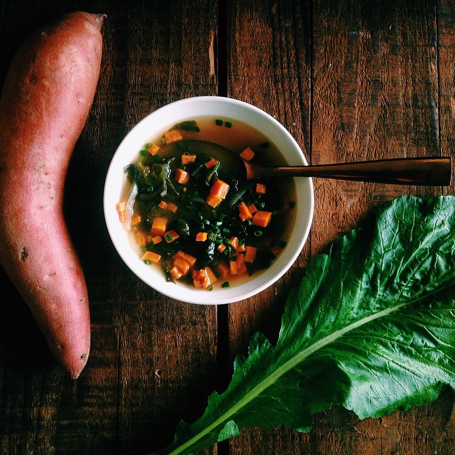Sweet Potato + Turnip Green Miso Soup With White Wine & Soy Sauce