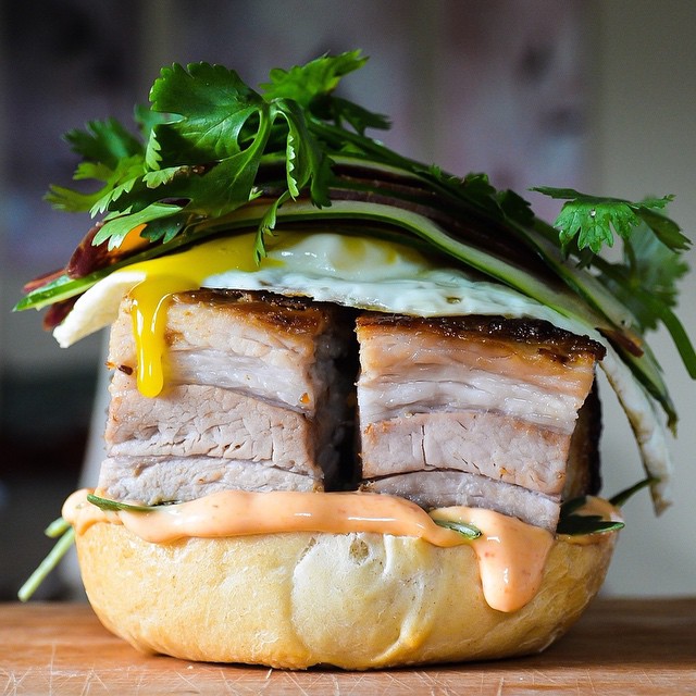 Porchetta Banh Mi With Daikon Radish, Cucumber & Cilantro Sprigs by