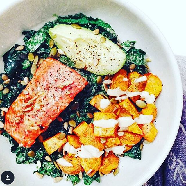 Salmon, Squash, Avocado, Greens Bowl With Tzatziki recipe