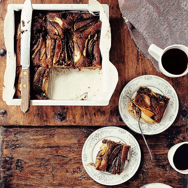 Pear Coffee Cake With Cinnamon, Ginger & Nutmeg Topped With Brown Sugar