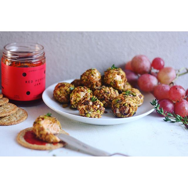 Goat Cheese Truffles With Red Pepper Jam & Pistachio Crust by