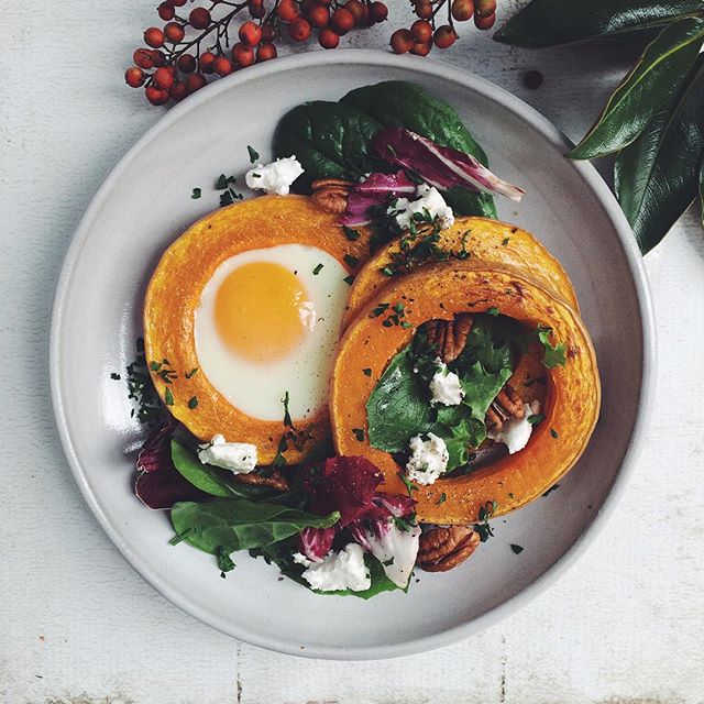 Egg In A Hole Of Butternut Squash Rounds With Greens, Feta, And Pecans ...