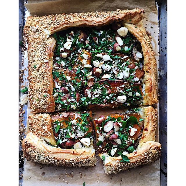 Savory Tart With Roasted Sweet Potatoes, Onions, Dukkah And Fresh Herbs