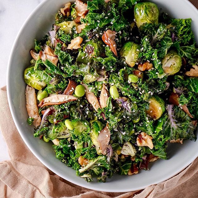 Sesame Kale Salad With Sautéed Shiitake Mushrooms And Brussels Sprouts