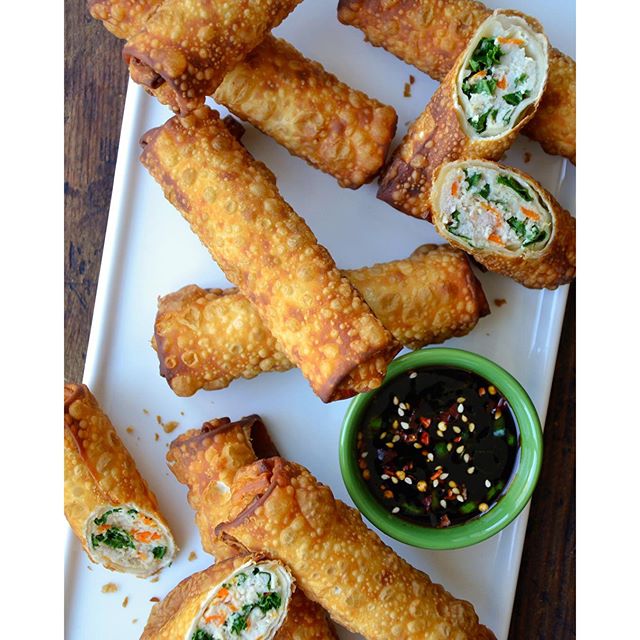 Kale & Chicken Egg Rolls With Gingersoy Dip & Chilli Paste by