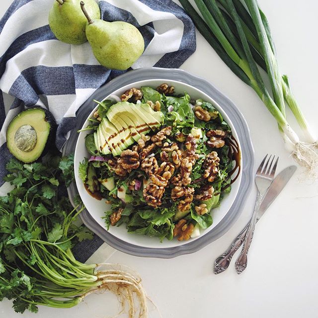 Mixed Greens Salad With Candied Walnuts, Pear, Avocado,  Balsamic Glaze recipe  thefeedfeed.com