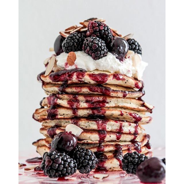 Poppyseed & Almond Pancakes With Cherry Maple Syrup, Fresh Blackberries