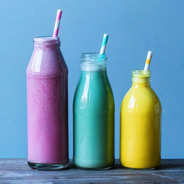 Cashew Cream Mylk Colored With Beets, Spirulina And Turmeric by