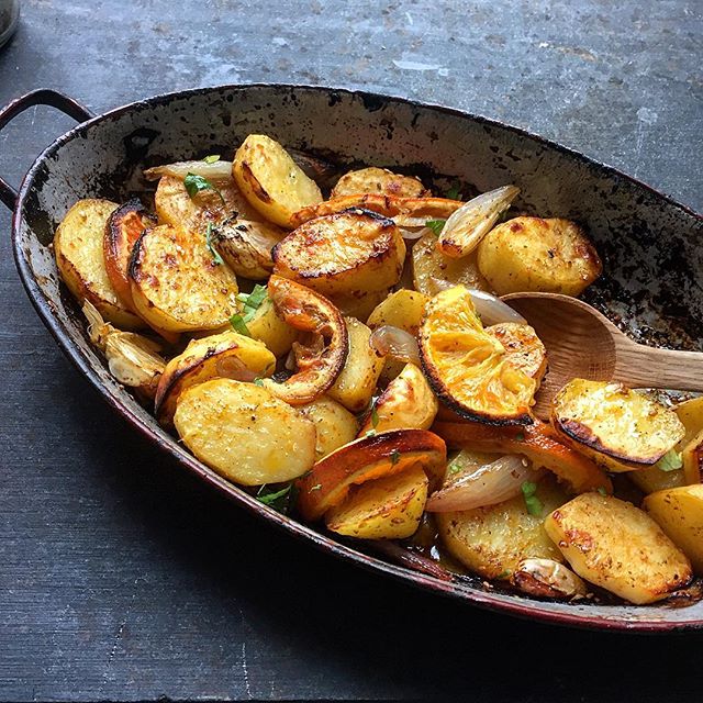 Oven Roasted Potatoes With Blood Oranges, Garlic, Shallots, Sesame