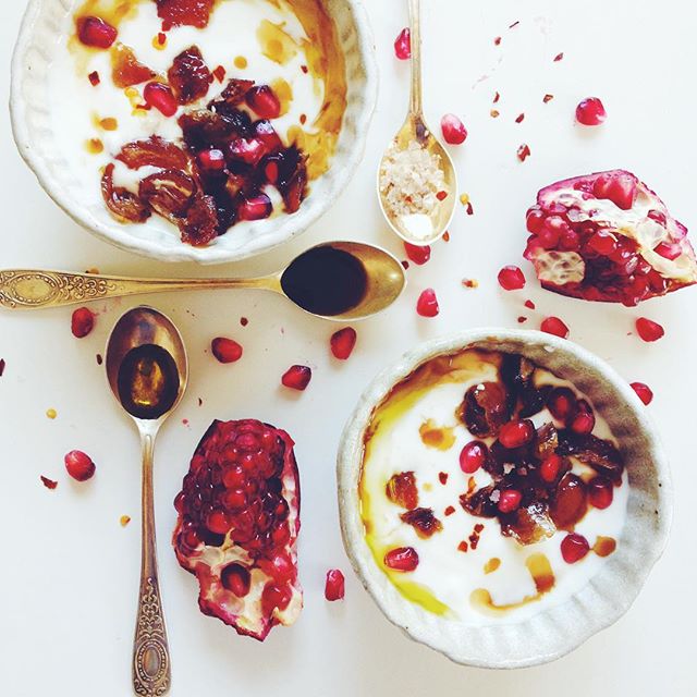 Warm Date And Yogurt Bowl With Pomegranate Molasses, Smoked Salt And