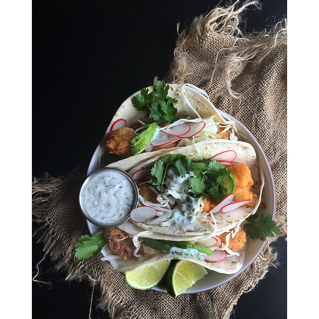 Beer Battered Mahi Mahi Tacos With A Jalapeño And Cilantro Crema, Shaved Cabbage And Radishes by