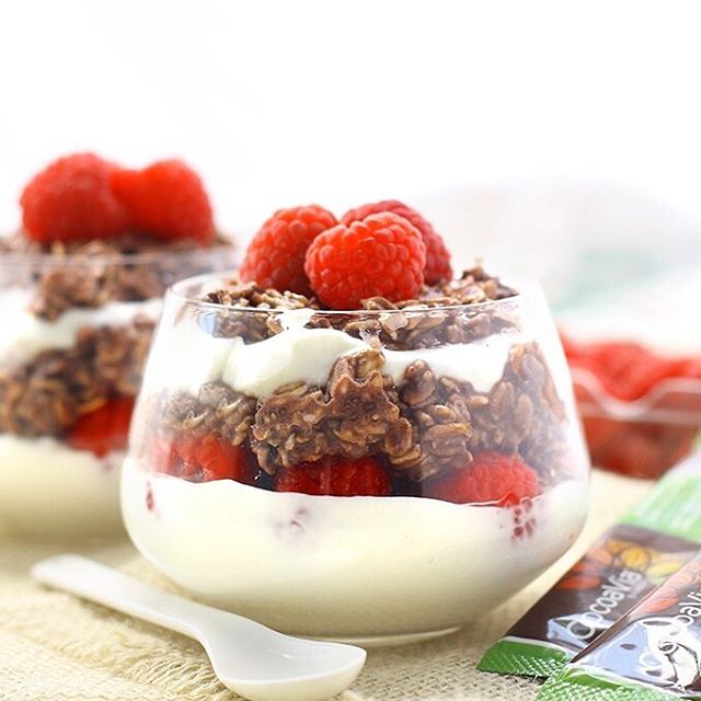 Chocolate and chia seed overnight oats layered with fresh raspberries