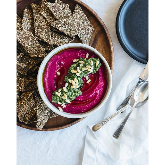 Hummus With Roasted Beets And Basil & Pine Nut Pesto recipe
