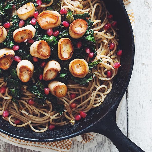 Vegan Scallops With Spaghetti, Crispy Kale & Pomegranates by hotforfood