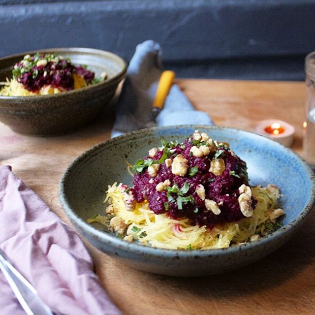 Spaghetti Squash With Roasted Beet Sauce And Walnuts Recipe The Feedfeed